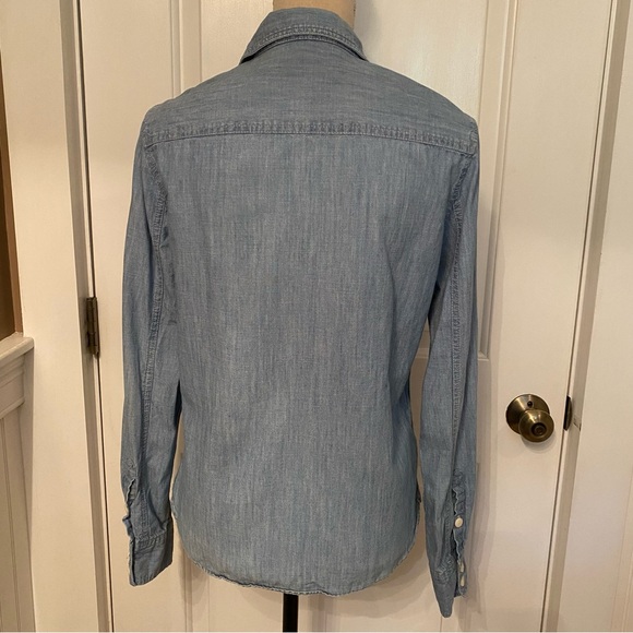 PER SE TOP CASUAL BUTTON DOWN BLOUSE BLUE COTTON DENIM LONG SLEEVE TABS SIZE S - Picture 8 of 13